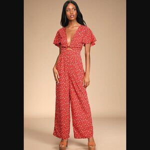 Lulu's Villa Vibes Red Floral Print Flutter Sleeve Twist-Front Jumpsuit